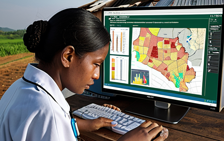 ** A data analyst working with a computer displaying data visualizations showing poverty levels, education rates, and healthcare access in a rural region. The scene should convey precision and insight, with charts and graphs highlighting areas needing attention.

**