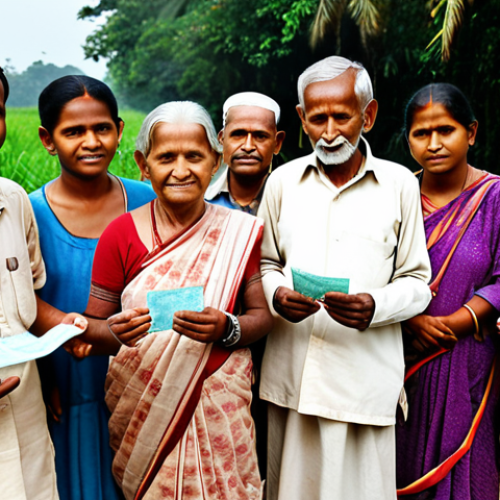 Home 22 **Image Prompt:** A group of elderly people in rural Bangladesh receiving old-age allowance checks, showcasing their improved quality of life and independence. The scene should be warm and hopeful, reflecting the positive impact of social welfare laws.