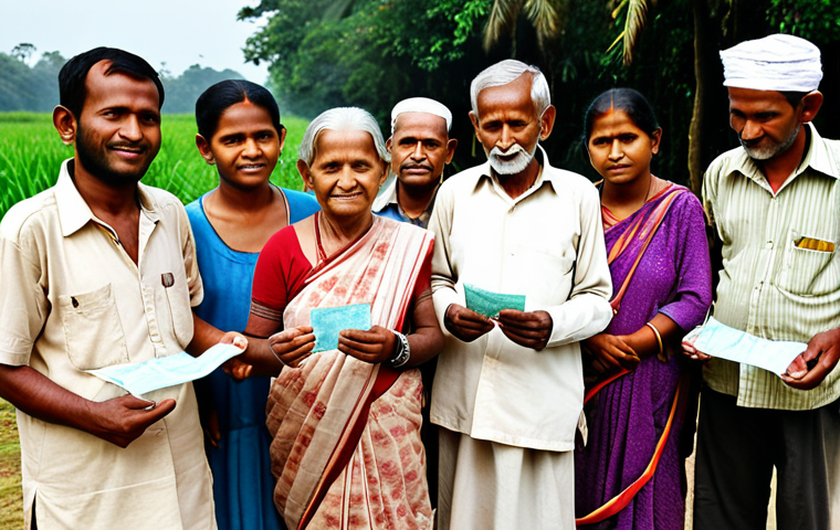 **Image Prompt:** A group of elderly people in rural Bangladesh receiving old-age allowance checks, showcasing their improved quality of life and independence. The scene should be warm and hopeful, reflecting the positive impact of social welfare laws.