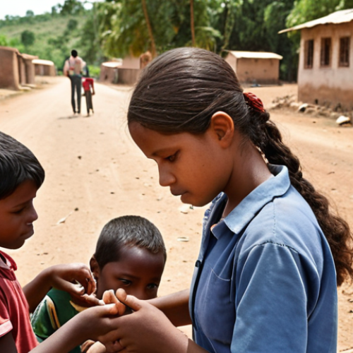 Home 21 **Image:** A social worker helping a group of underprivileged children in a rural area. Focus on showing compassion and dedication. Include elements representing education and healthcare access.