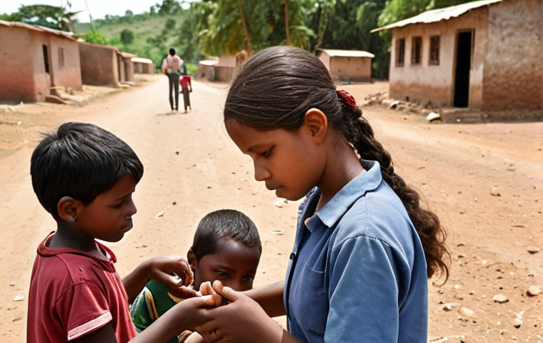 **Image:** A social worker helping a group of underprivileged children in a rural area. Focus on showing compassion and dedication. Include elements representing education and healthcare access.