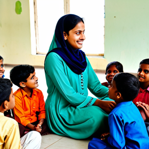 Home 20 **
A professional female social worker, fully clothed in a modest salwar kameez, interacting compassionately with a group of diverse children in a brightly lit community center in Dhaka, Bangladesh. Safe for work, appropriate content, family-friendly, perfect anatomy, correct proportions, well-formed hands, natural pose, professional photography, high quality.
**