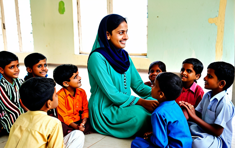 **

A professional female social worker, fully clothed in a modest salwar kameez, interacting compassionately with a group of diverse children in a brightly lit community center in Dhaka, Bangladesh.  Safe for work, appropriate content, family-friendly, perfect anatomy, correct proportions, well-formed hands, natural pose, professional photography, high quality.

**