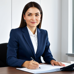 ** A professional businesswoman in a modest business suit, sitting at a desk in a modern office, fully clothed, appropriate attire, safe for work, perfect anatomy, natural proportions, professional photography, high quality, family-friendly.

**