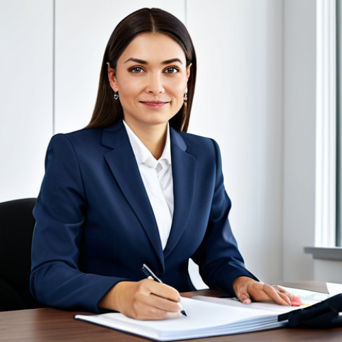Home 9 ** A professional businesswoman in a modest business suit, sitting at a desk in a modern office, fully clothed, appropriate attire, safe for work, perfect anatomy, natural proportions, professional photography, high quality, family-friendly.
**