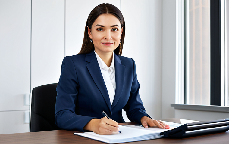 ** A professional businesswoman in a modest business suit, sitting at a desk in a modern office, fully clothed, appropriate attire, safe for work, perfect anatomy, natural proportions, professional photography, high quality, family-friendly.

**