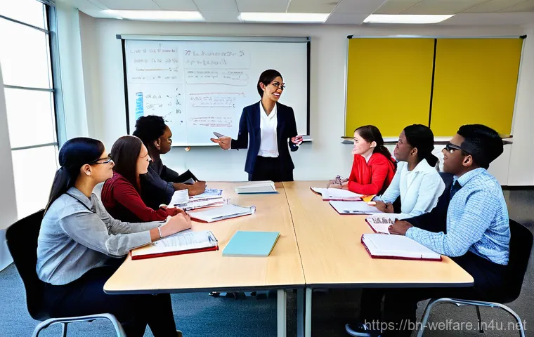 사회복지 교수법 - **Prompt:** A group of diverse young adult social work students (ages 18-25) engaged in a high-tech ...