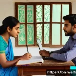 사회복지 공공기관 취업 - **Prompt:** A young Bengali woman and a young Bengali man are seated at a wooden study table in a we...