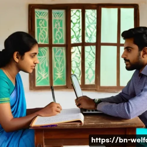 사회복지 공공기관 취업 - **Prompt:** A young Bengali woman and a young Bengali man are seated at a wooden study table in a we...