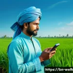 사회복지 기술 발전 - A rural Bangladeshi farmer wearing traditional clothing, holding a smartphone displaying a weather a...