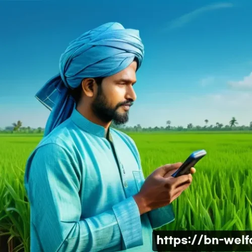 사회복지 기술 발전 - A rural Bangladeshi farmer wearing traditional clothing, holding a smartphone displaying a weather a...