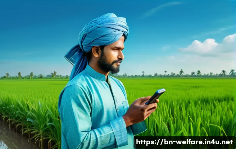 사회복지 기술 발전 - A rural Bangladeshi farmer wearing traditional clothing, holding a smartphone displaying a weather a...