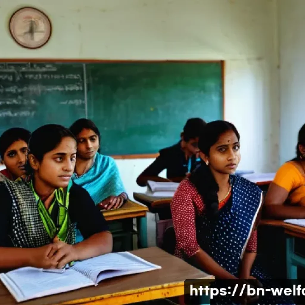 사회복지사 자격증 - A detailed scene of a Bengali social work training center classroom, showing a diverse group of youn...