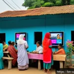 사회복지 정책 - A vibrant scene depicting a rural Bangladeshi community center with diverse local people, including ...