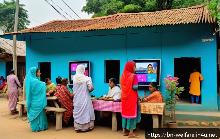 사회복지 정책 - A vibrant scene depicting a rural Bangladeshi community center with diverse local people, including ...