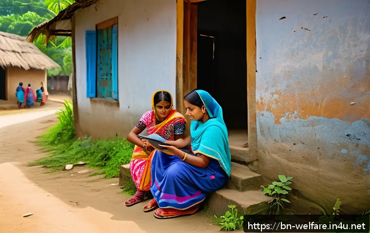 사회복지 사례관리 - A detailed scene showing a community social worker conducting a primary assessment in a rural Bengal...