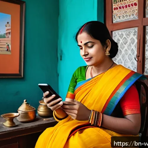 사회복지 헬프라인 - A vibrant and warm scene depicting a middle-aged Bengali woman wearing traditional saree and light m...