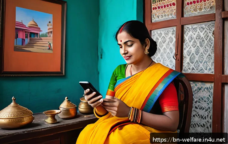 사회복지 헬프라인 - A vibrant and warm scene depicting a middle-aged Bengali woman wearing traditional saree and light m...