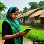 사회복지 조사방법론 - A vibrant digital data collection scene in a rural Bangladeshi village, showing a young female socia...