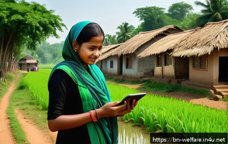 사회복지 조사방법론 - A vibrant digital data collection scene in a rural Bangladeshi village, showing a young female socia...