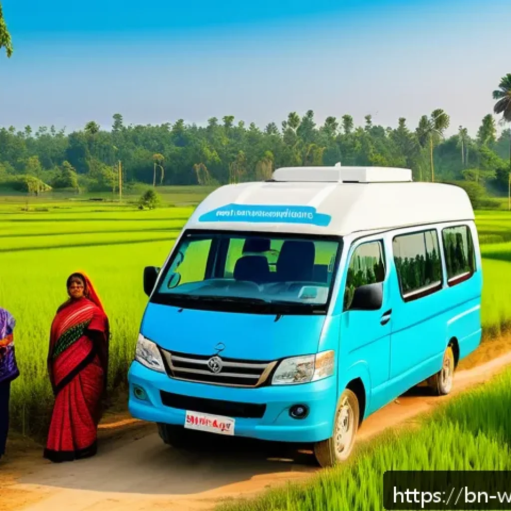 사회복지 공공정책 연구 - A vibrant rural healthcare scene in Bangladesh featuring a mobile health center van equipped with di...