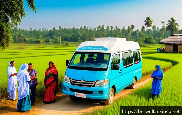 사회복지 공공정책 연구 - A vibrant rural healthcare scene in Bangladesh featuring a mobile health center van equipped with di...