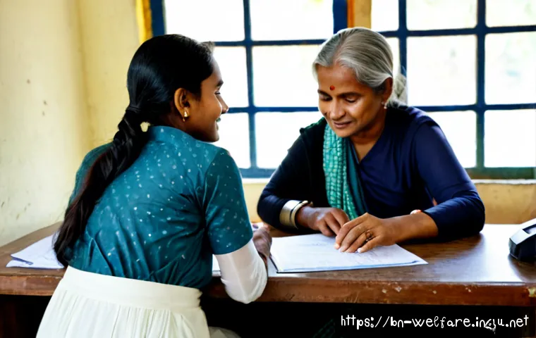 사회복지 블록체인 활용 - Photorealistic community social welfare office in Bangladesh, a compassionate caseworker assisting a...